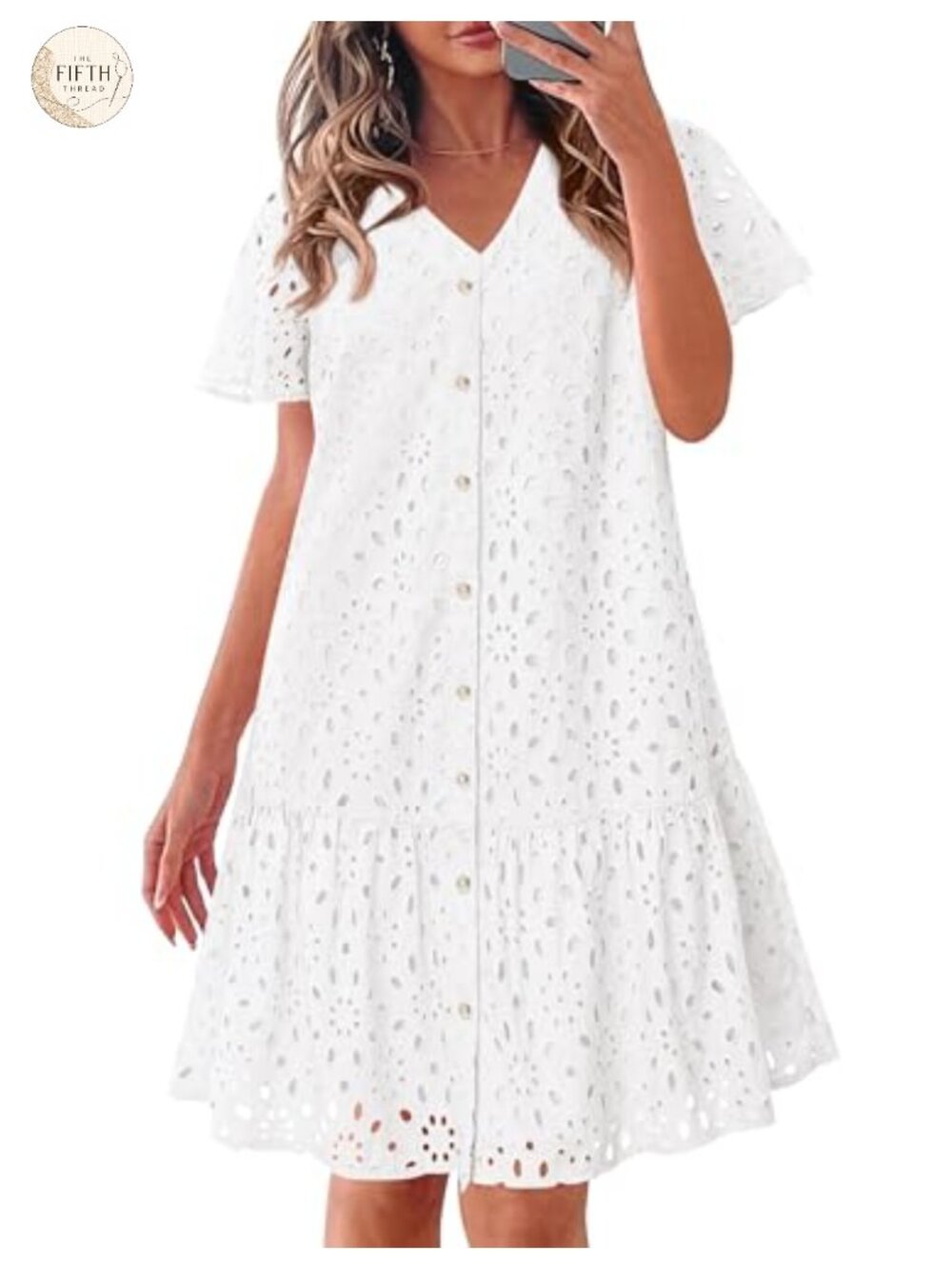 Women's Cotton Eyelet Babydoll Mini Dress with Short Sleeves